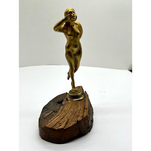 Brass Bronze Cast Metal Art Deco 8" Nude Statue Figurine Lady on Wood Base Vtg - Picture 3 of 15